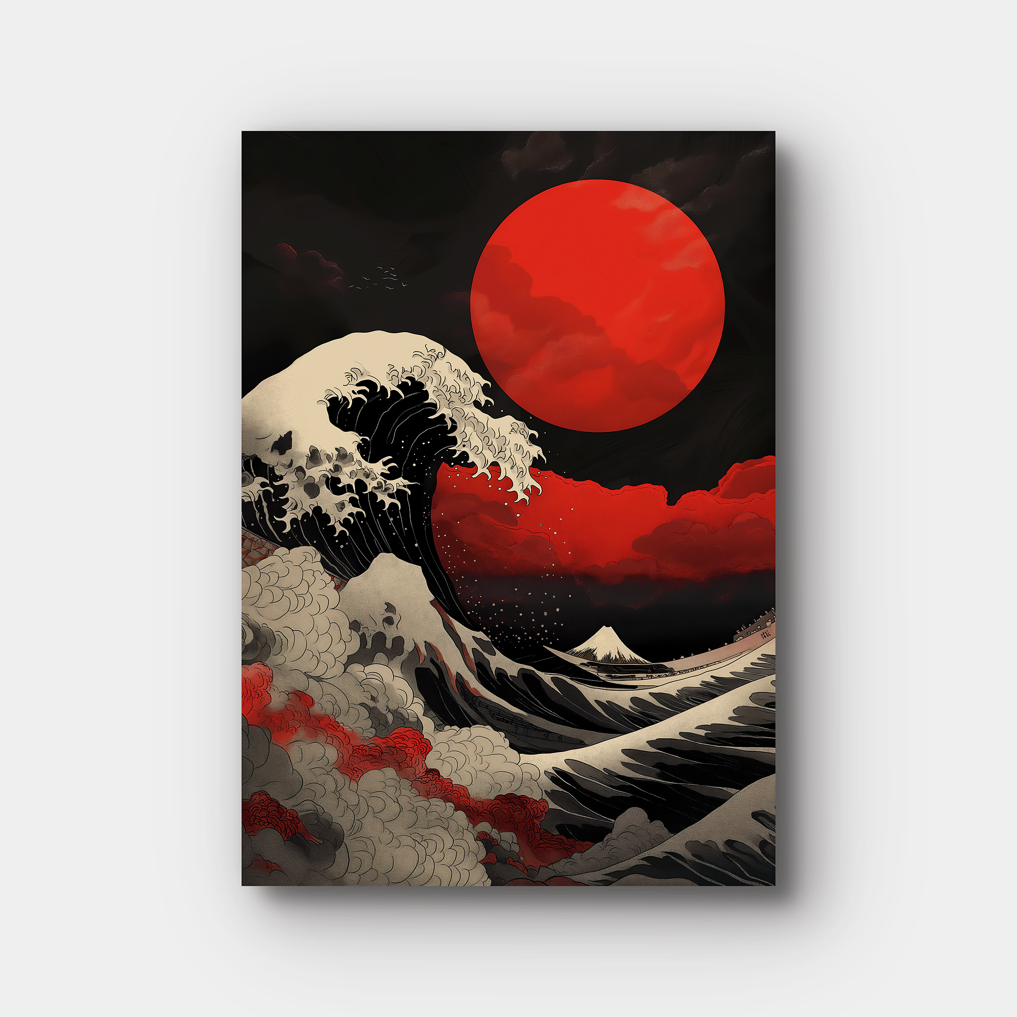 Red Moon Crashing Waves Traditional Japanese Painting