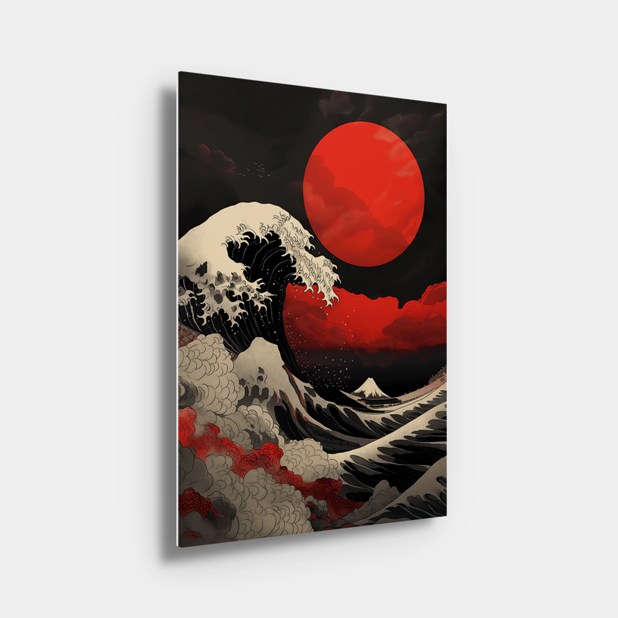 Red Moon Crashing Waves Traditional Japanese Painting