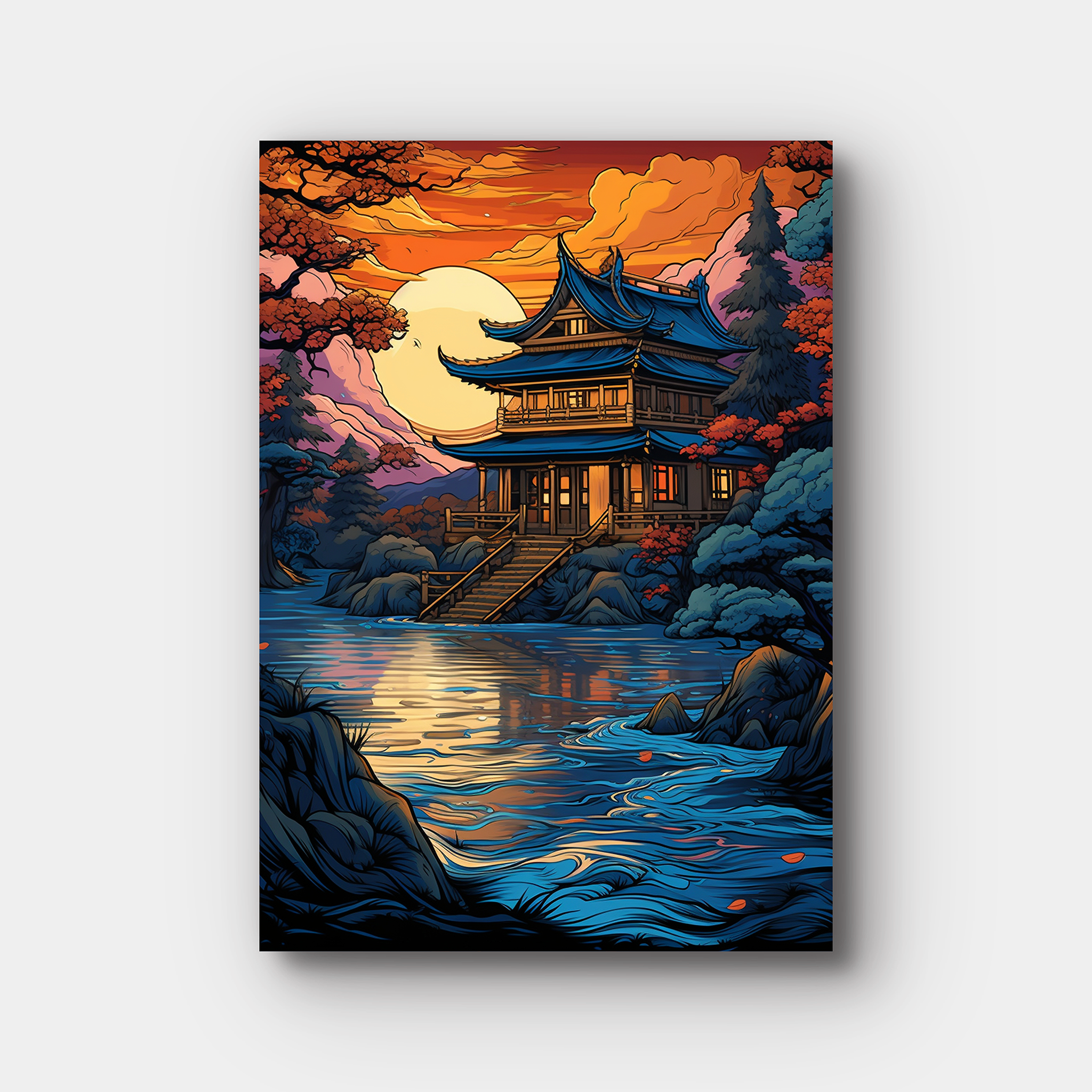Traditional Japanese House In Sunset Paint Art